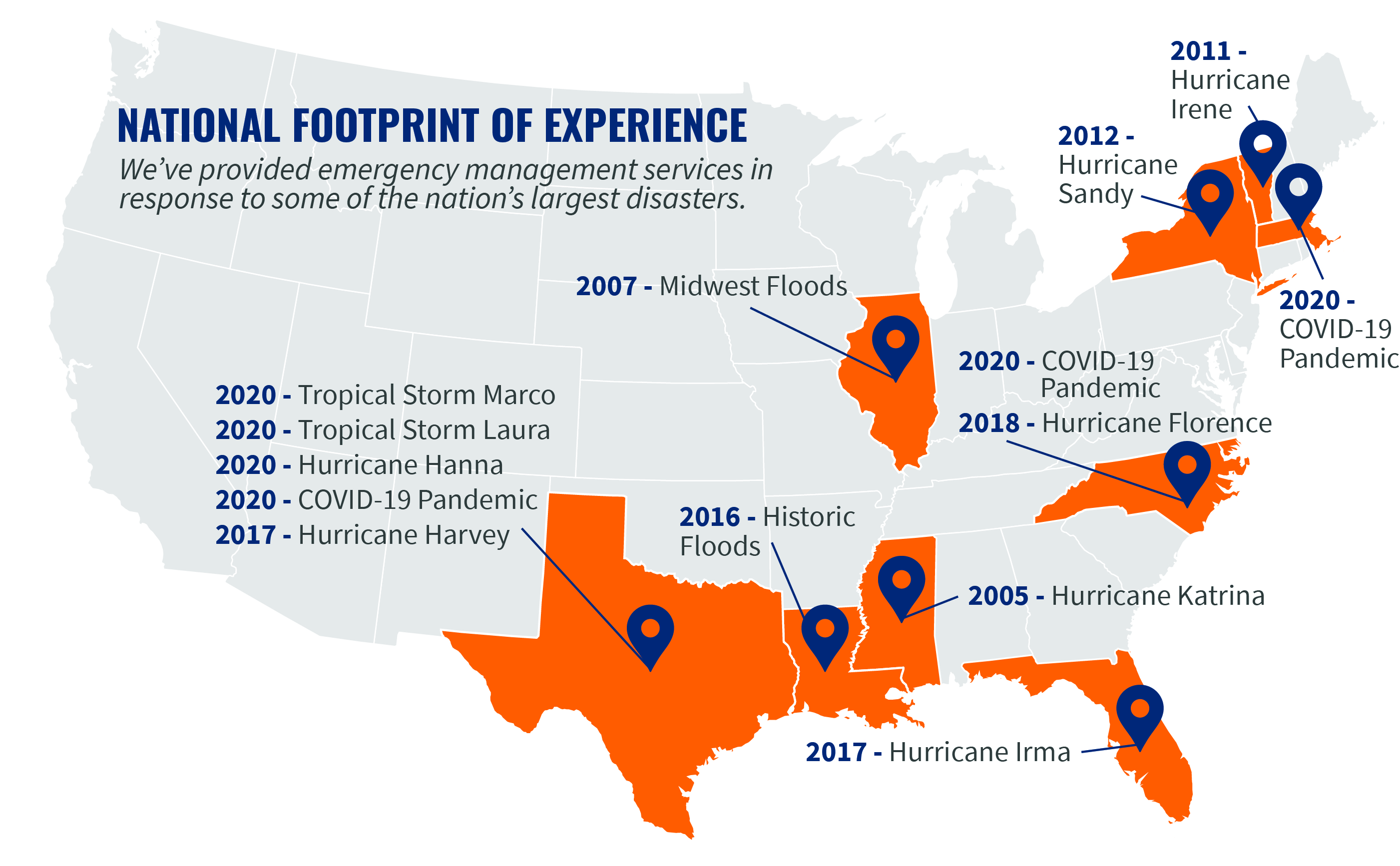 infographic with US map showing nation's largest disasters since 2005 that cohnreznick has provided emergency management services for
