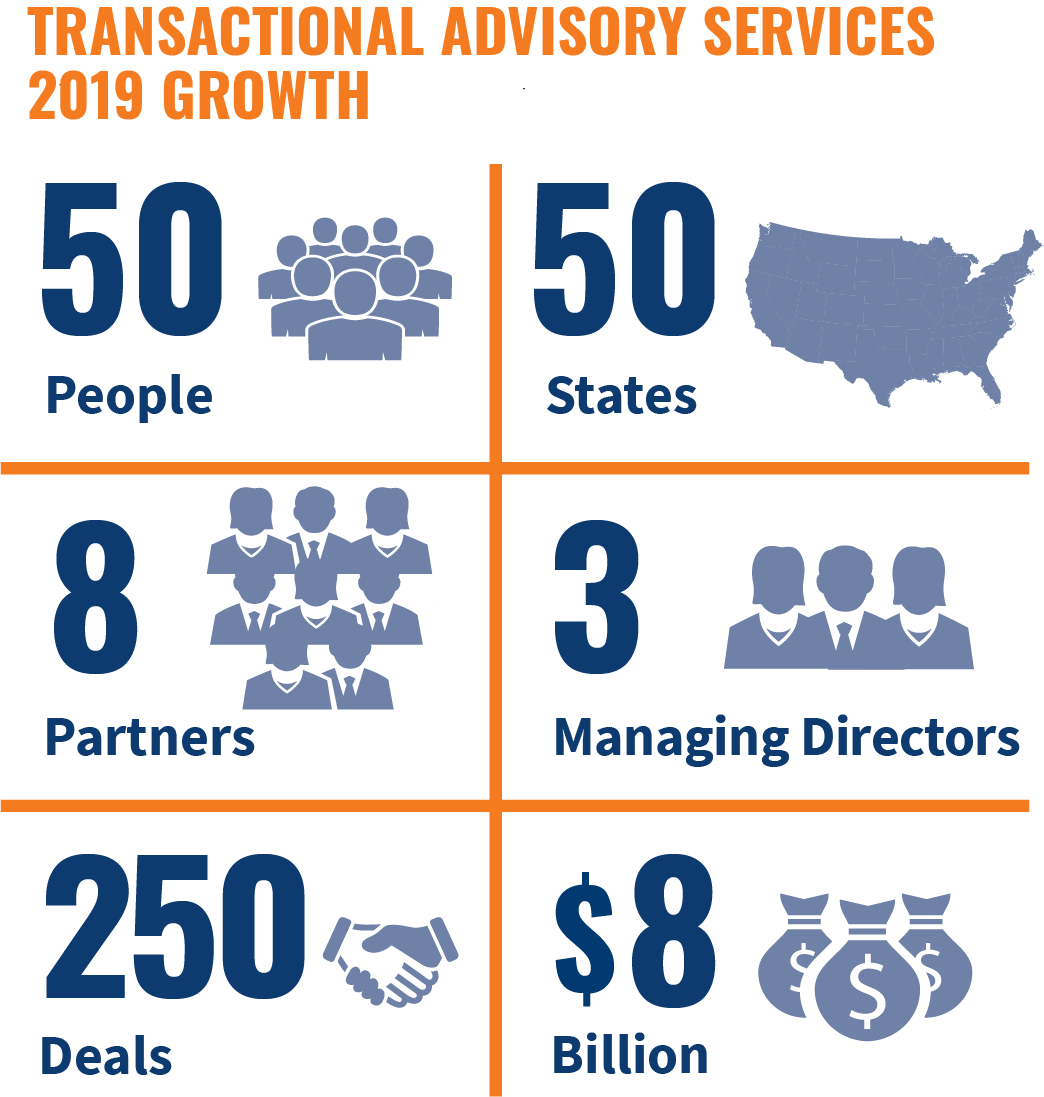transactional advisory services year in review infographic showing annual growth statistics for transactional advisory services for 2019