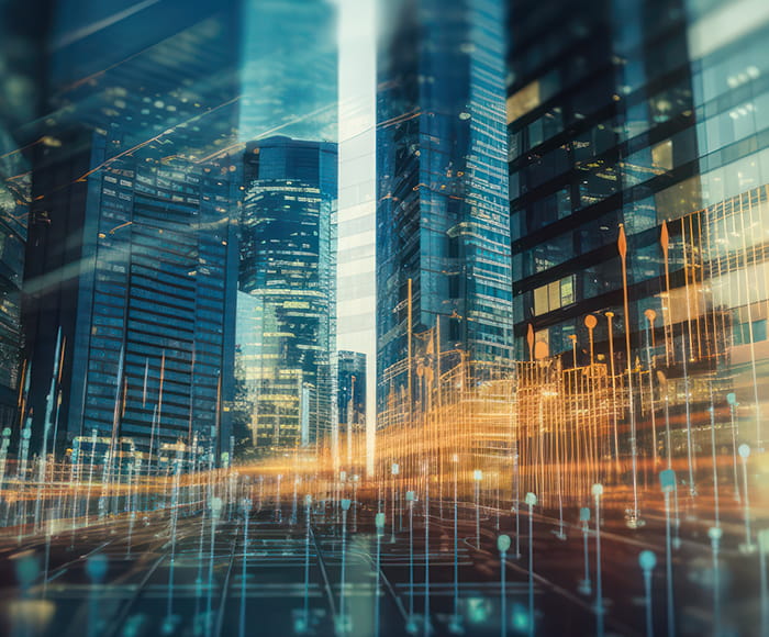 buildings at night with grid data over lay