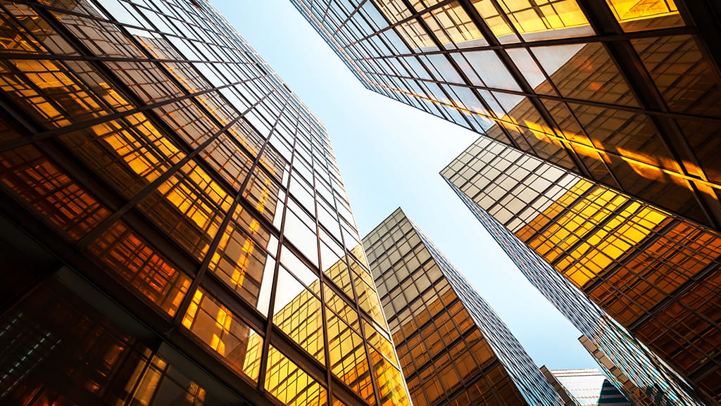 Skyward view of many buildings