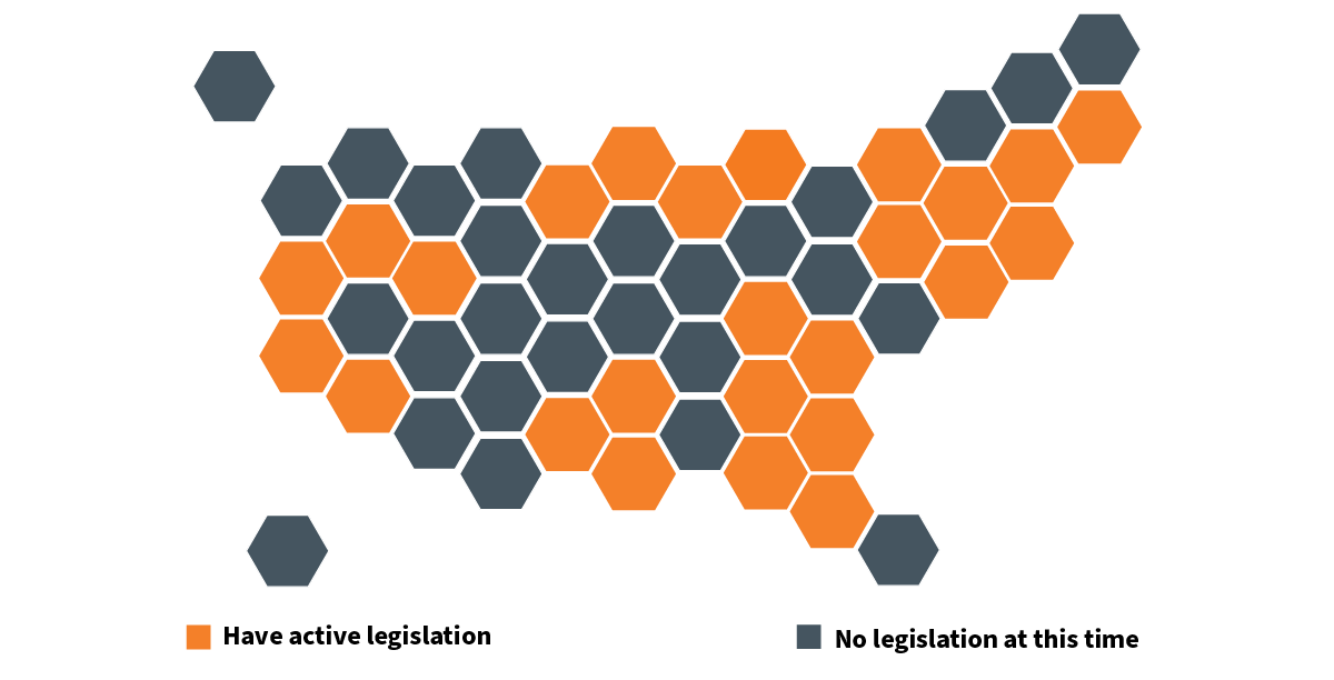 USA map showing State PTE tax legislation for each state