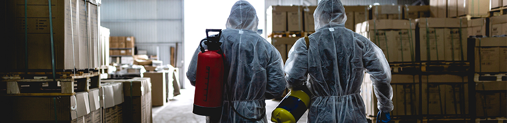 Warehouse workers in protective Covid-19 gear