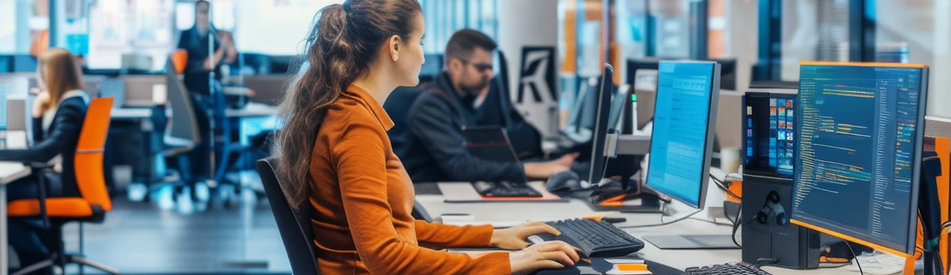 a woman working on her computer at a desk