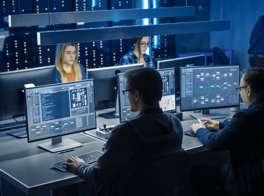 a group of coworkers sitting together on desktop computers