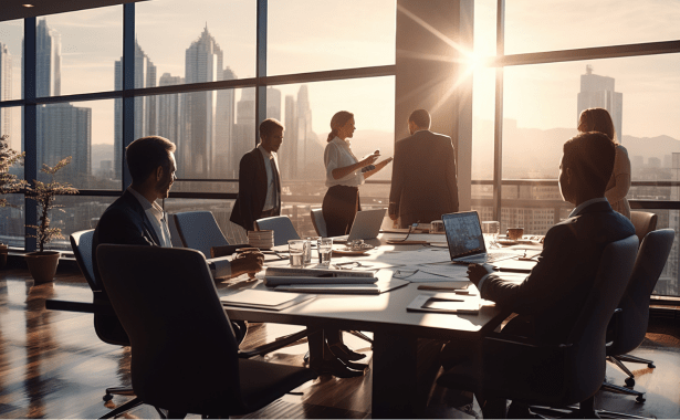 a team working in an office at dusk