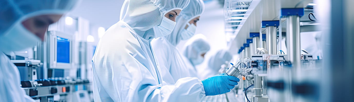 people working in a pharma factory lab