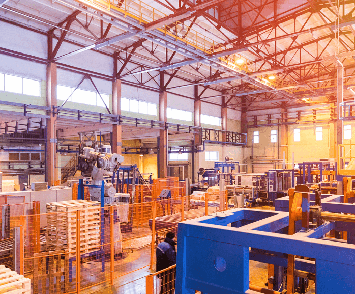 a lit up factory floor