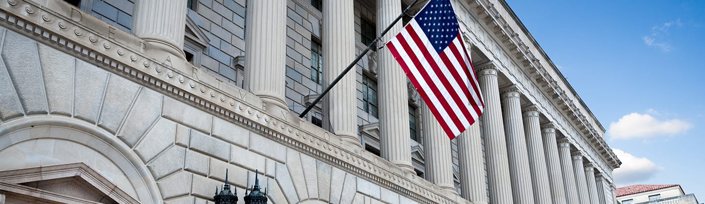 US flag in white building