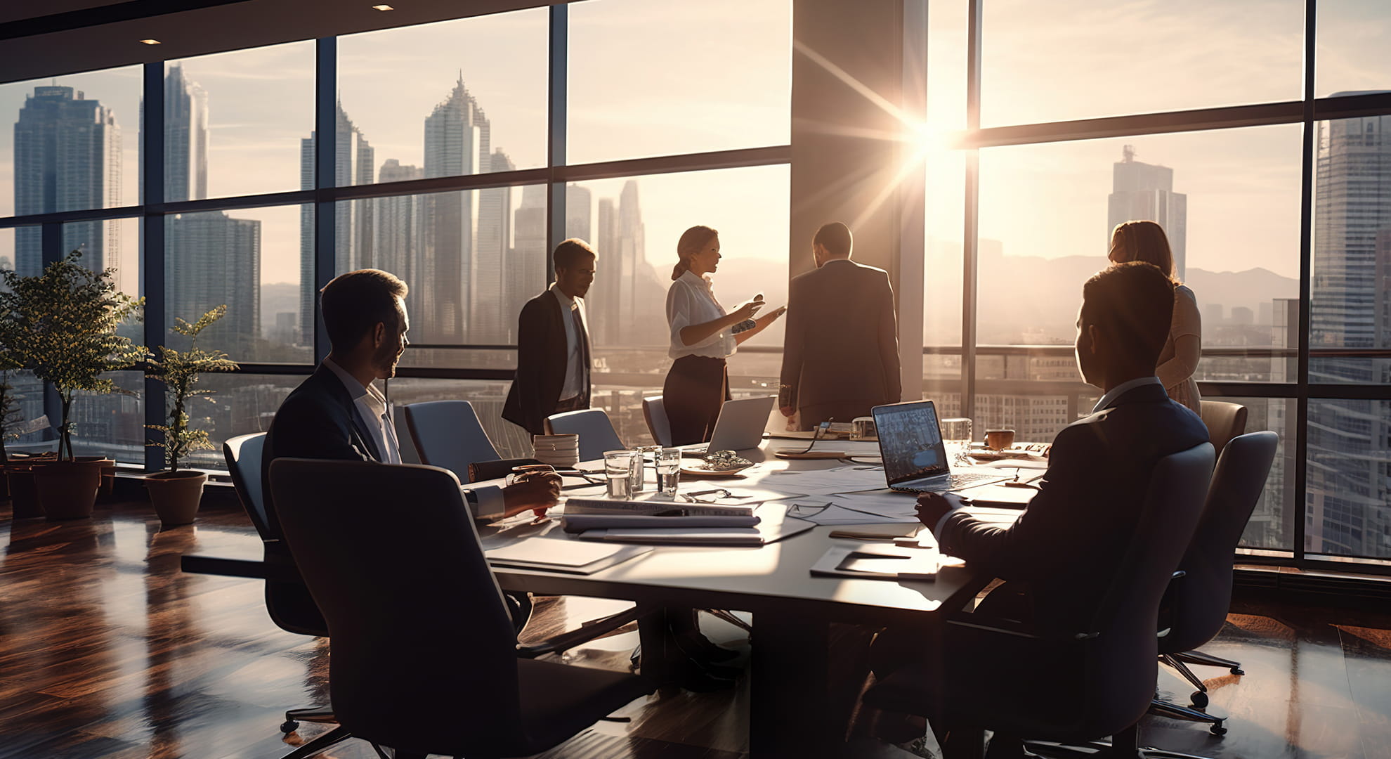 a team having a meeting at sunset