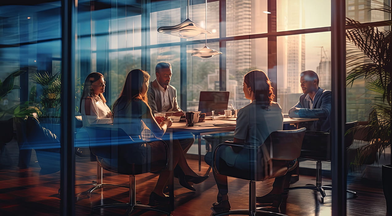 a business meeting at sunset