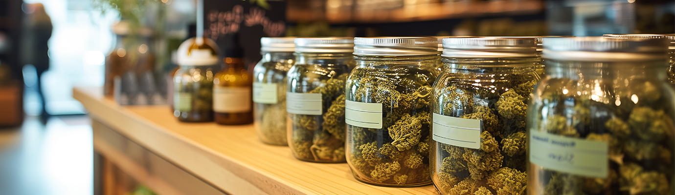 jarred cannabis on a counter in a store